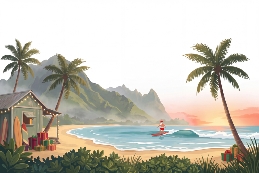 Hawaiian beach at sunset with palm trees